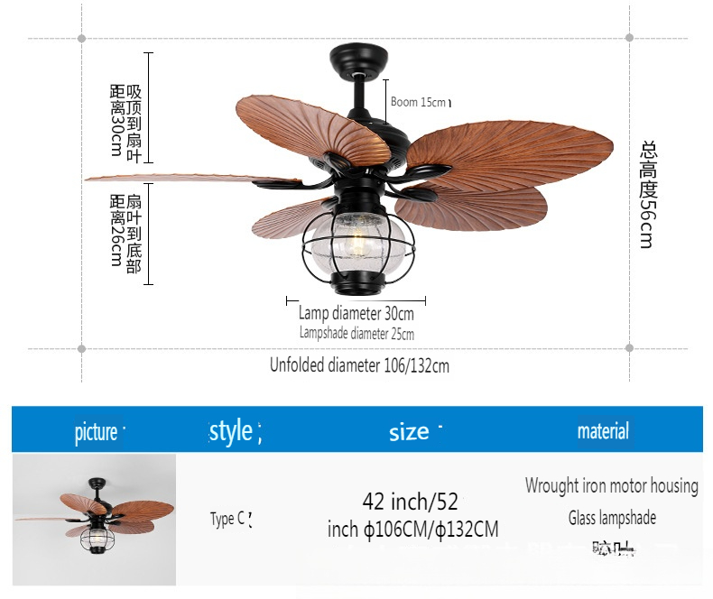 Industrial Style Ceiling Fan Light for Restaurant and Living Room