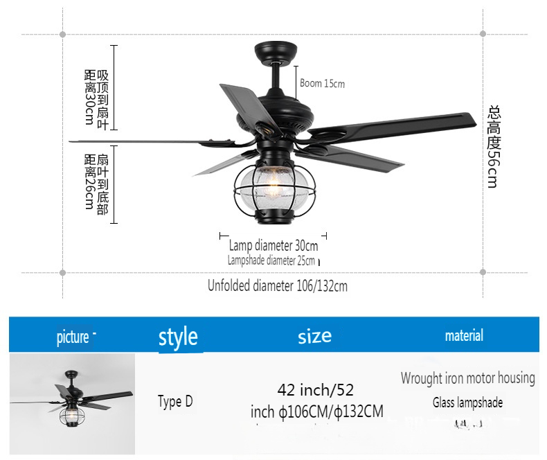 Industrial Style Ceiling Fan Light for Restaurant and Living Room