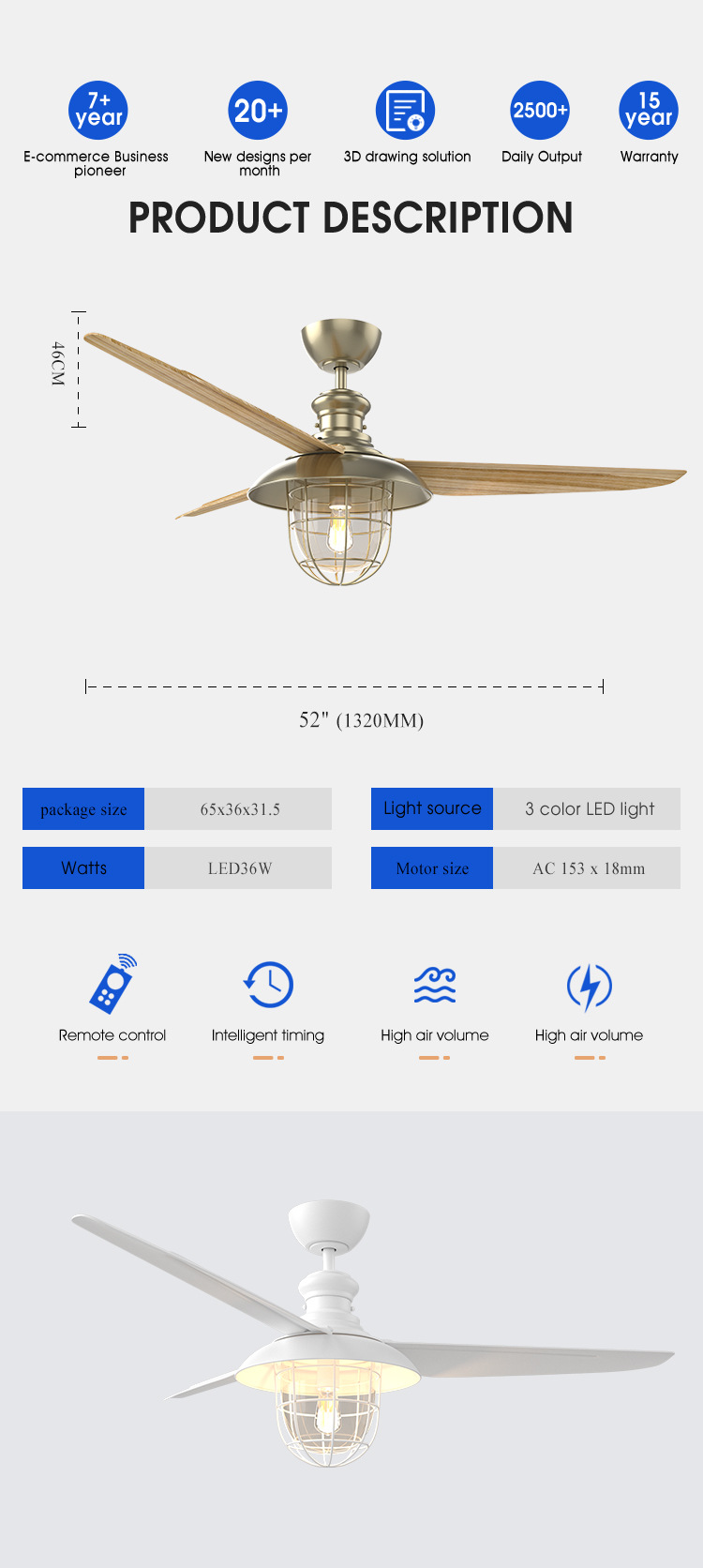 Custom 52-Inch ETL Variable Frequency Patio Fan Light